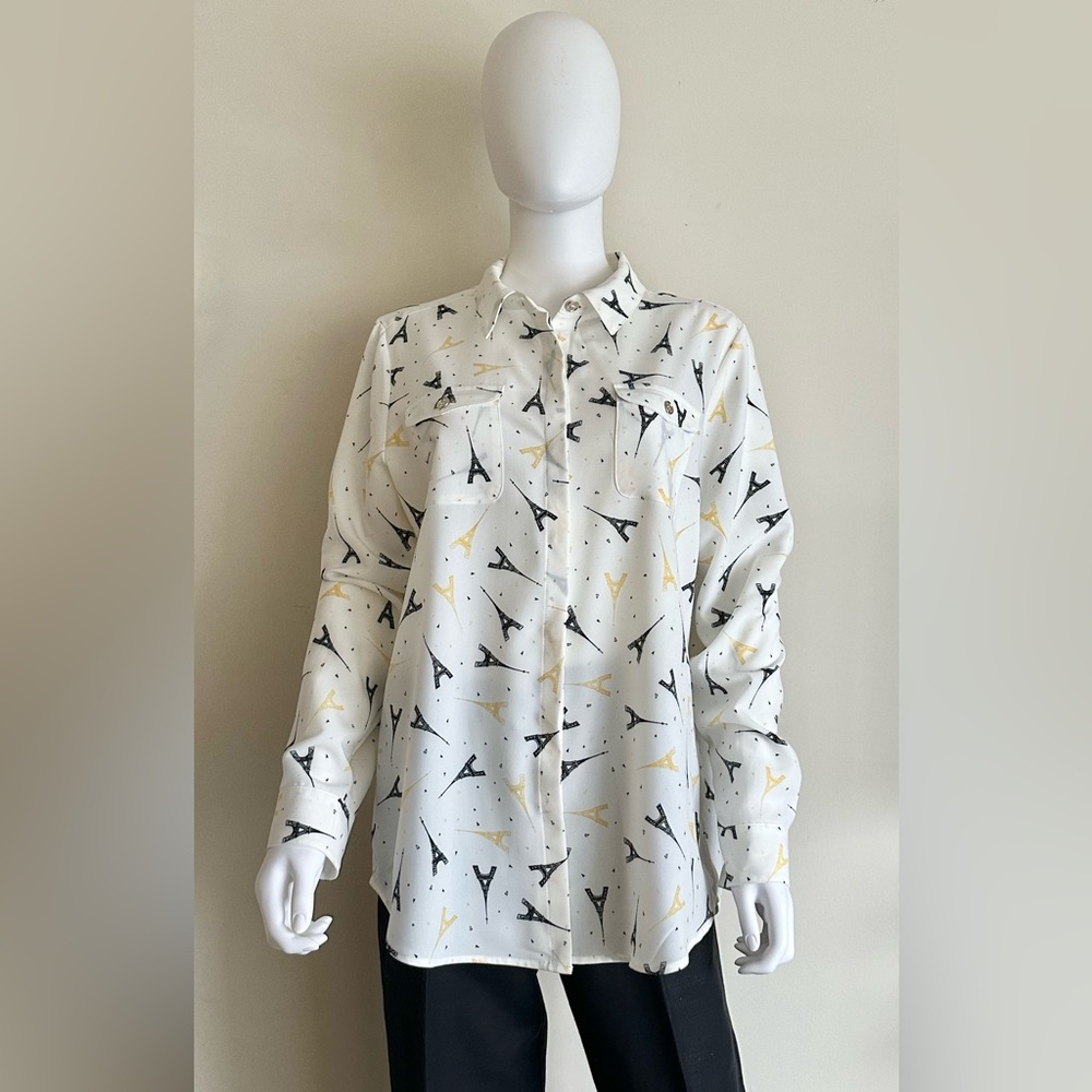 Karl Lagerfeld Size Large White Shirt with Black and Yellow Eiffel Tower Design